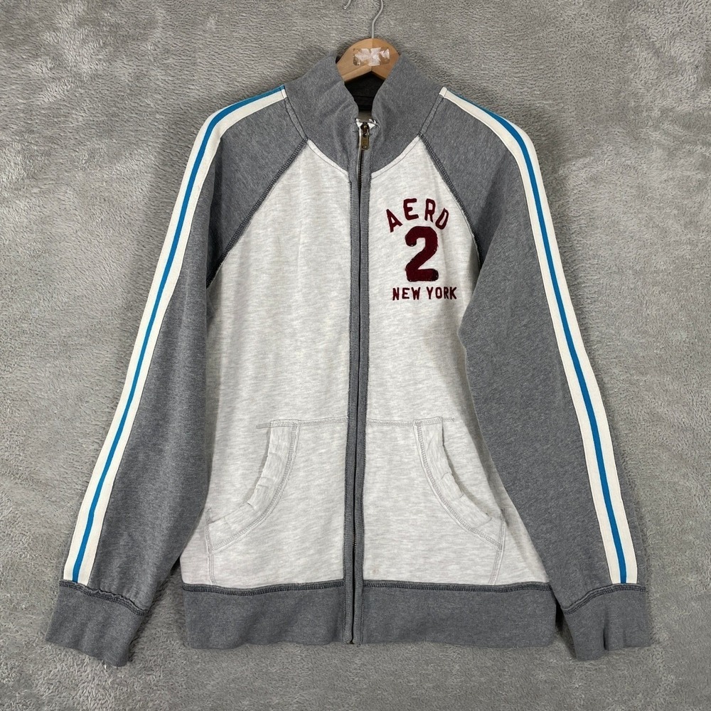 Aeropostale Track Jacket Mens Large Gray Colorblock Y2K Athletic Stripe Fleece